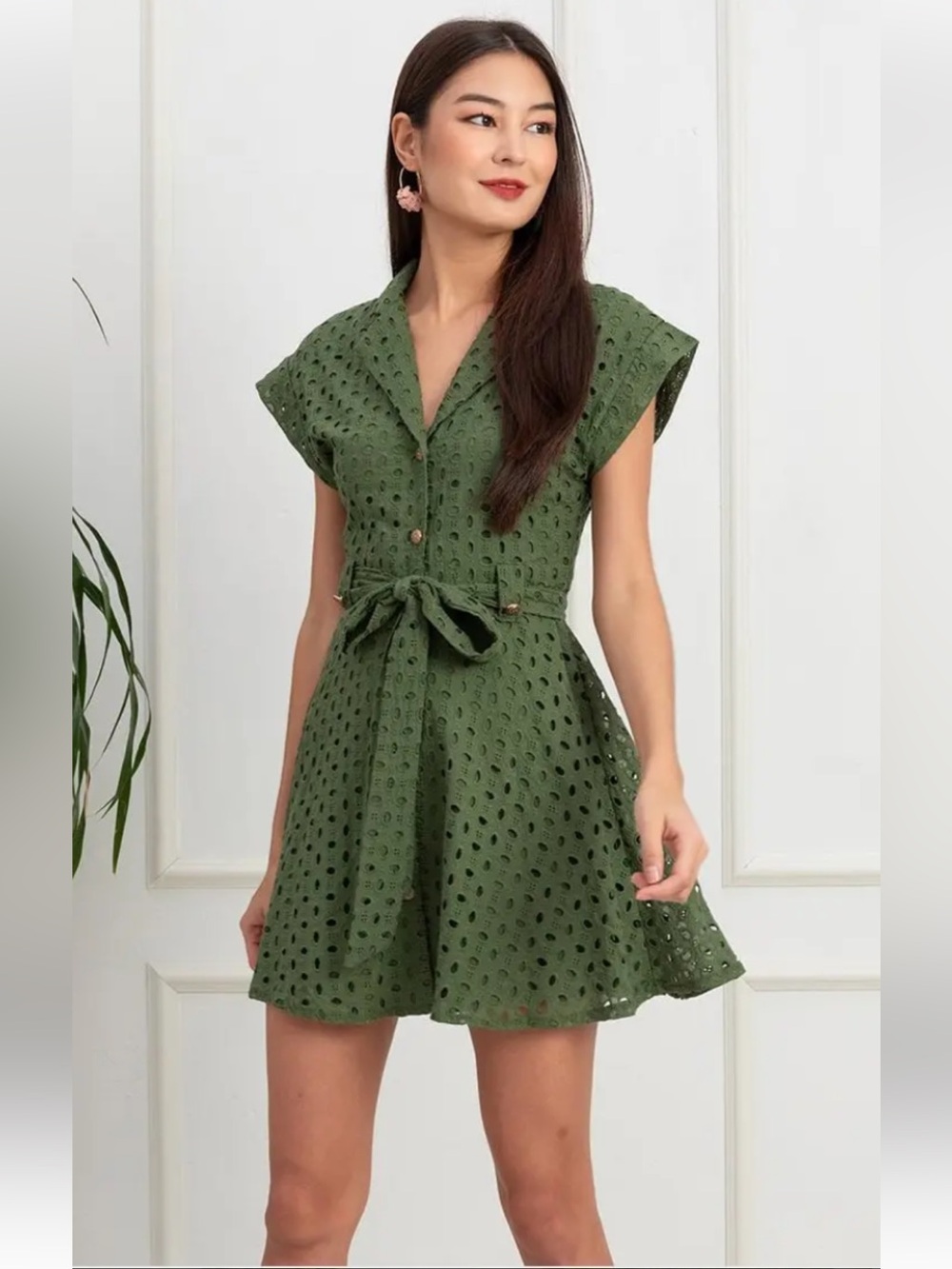 Zara Olive Eyelet Embroidered Mini Dress